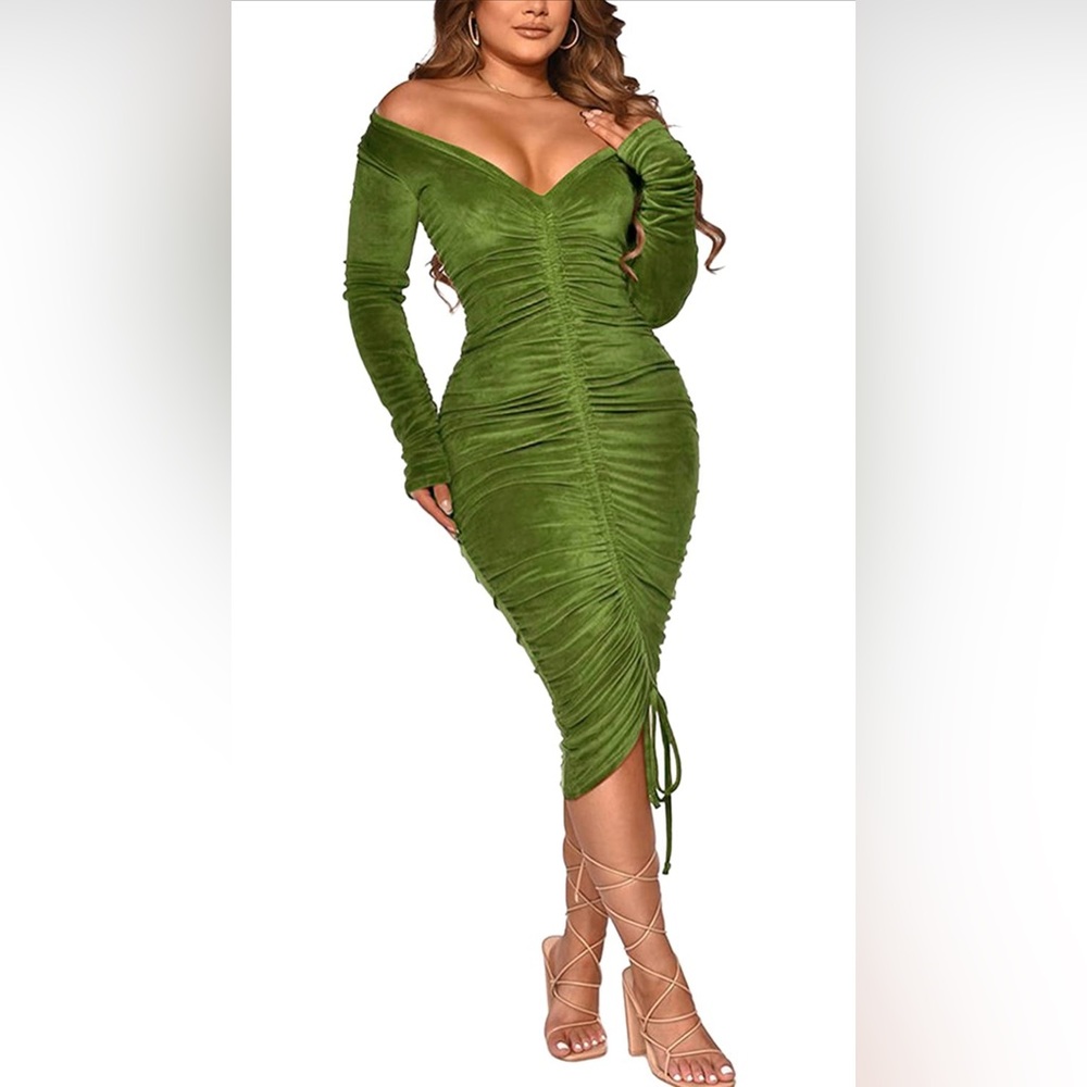 Women's Velvet Long Sleeve Sexy Off Shoulder Midi Dress